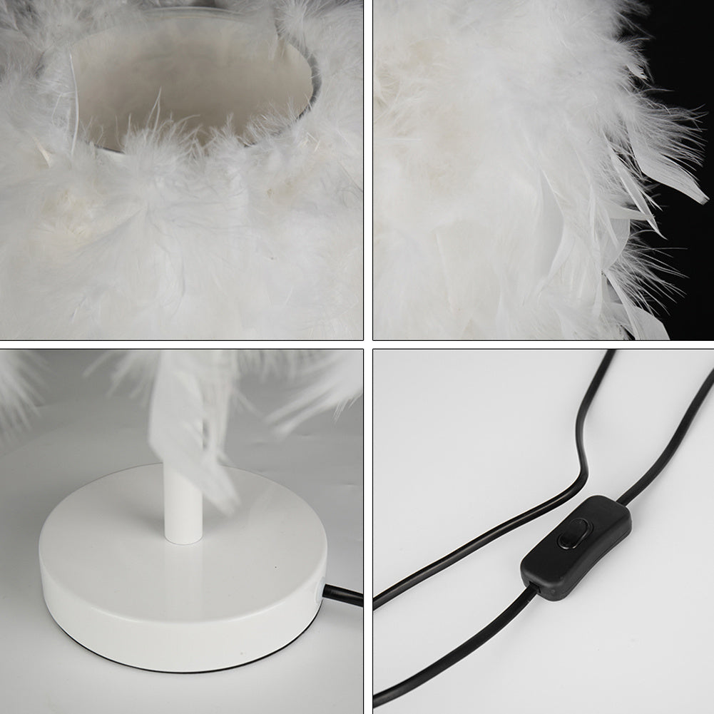 LED Table Lamp with Feather Lampshade Bedside Light Living and Home 