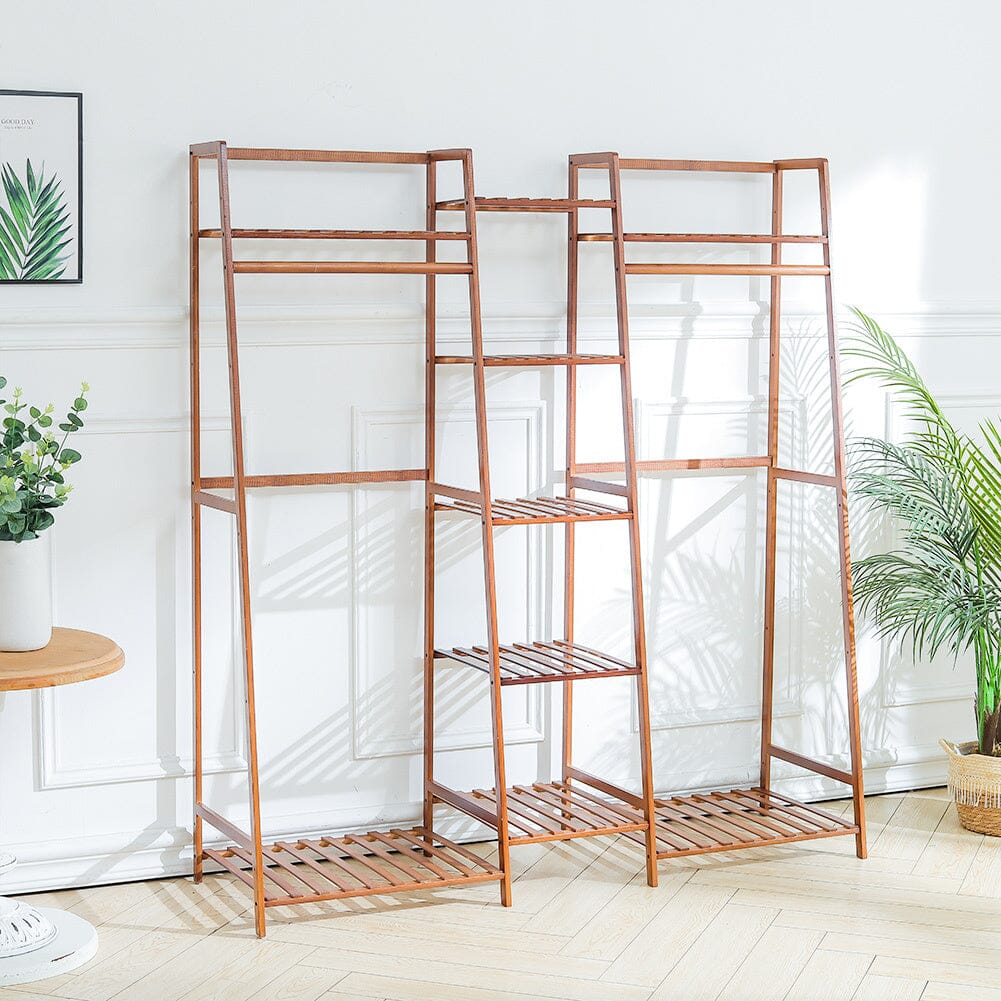 Bamboo Trapezoid Multi-Functional Clothing Hanging Rack with 5-Tier Storage Shelves Shelves & Racks Living and Home 